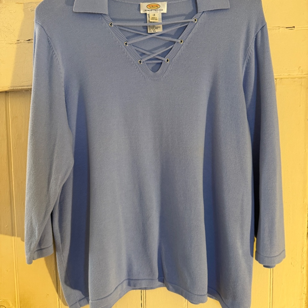 Talbots Women's Cross Lace Neckline Baby Blue Pullover Top 1X